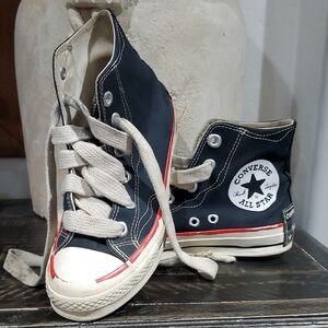 All Star Converse Black and White High-Top Sneakers with Red Trim Basketball